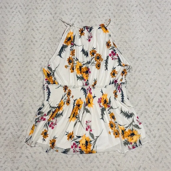 Express Floral Halter Top Women Large Smocked Peplum Waist Cream Yellow Girly - Picture 3 of 11